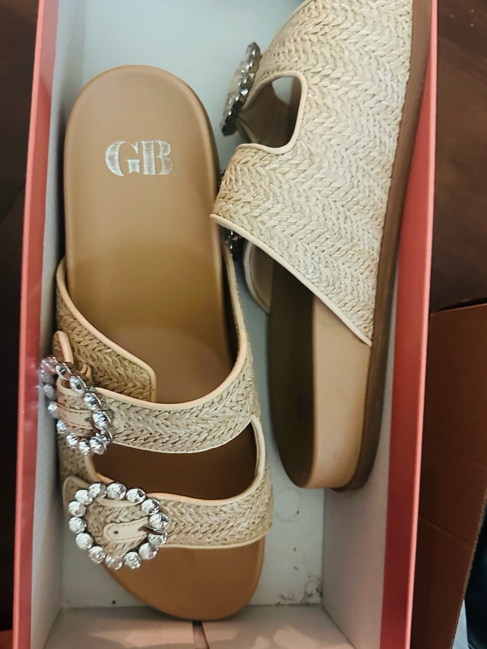 Gianni Bini Beige Raffia Slide Sandals with Rhinestone Buckles